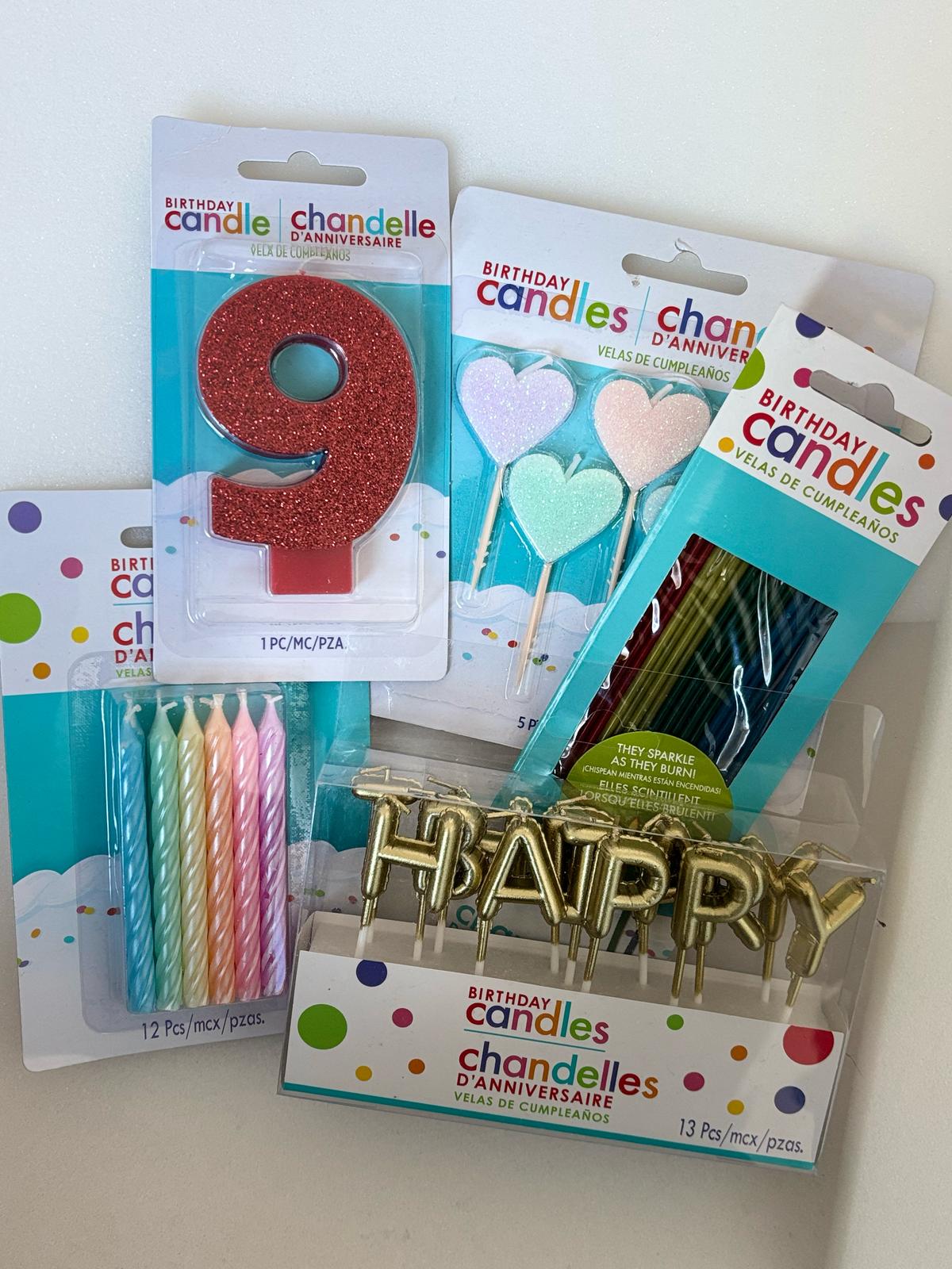 9 year old Birthday Candles Part Set, Pastel Spiral Candles, Gold HAPPY Letters, Glitter Hearts, 48-Piece Celebration Bundle